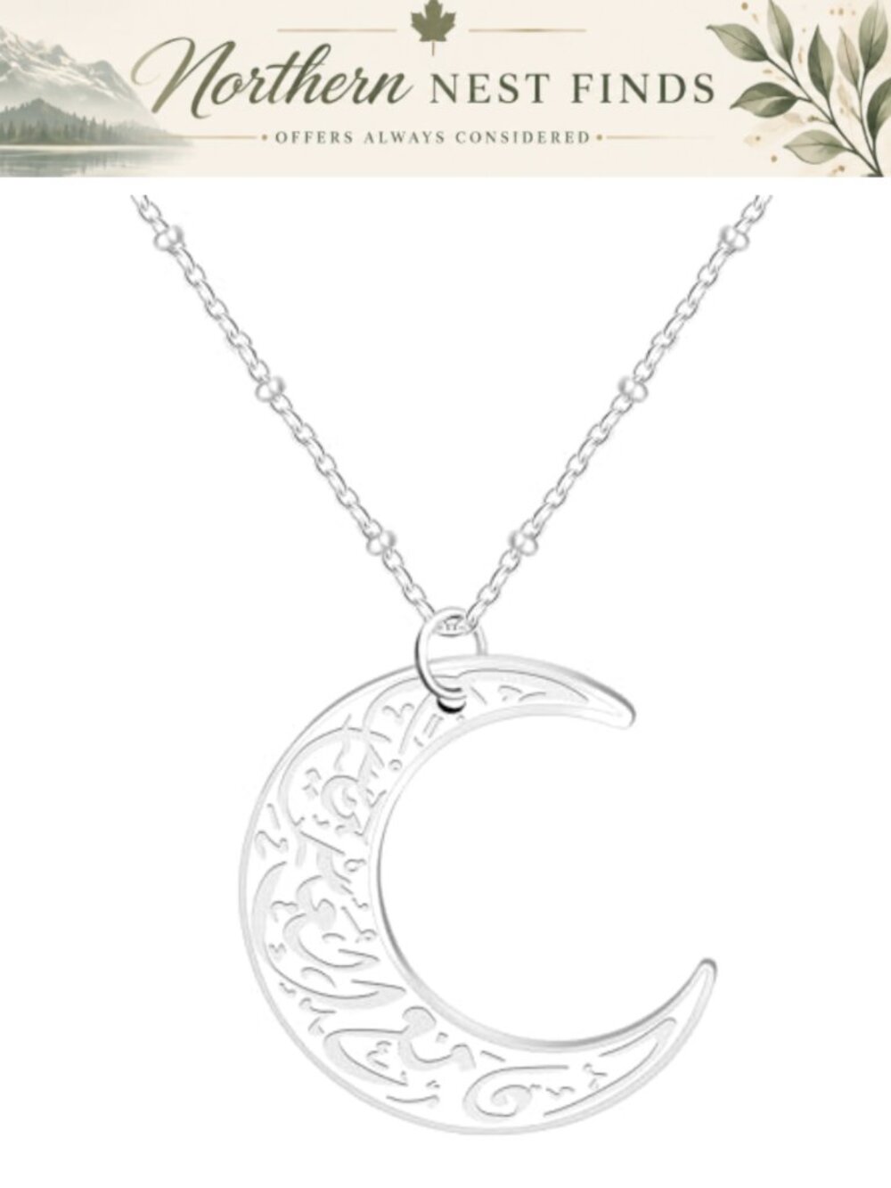 Stainless Steel Arabic Moon Pendant Necklace Unisex Islamic Jewelry